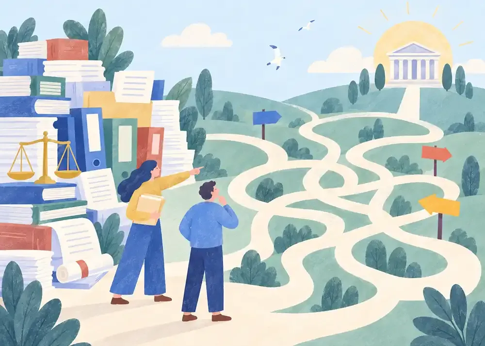 Ilustracija različnih poti skozi pravni postopek