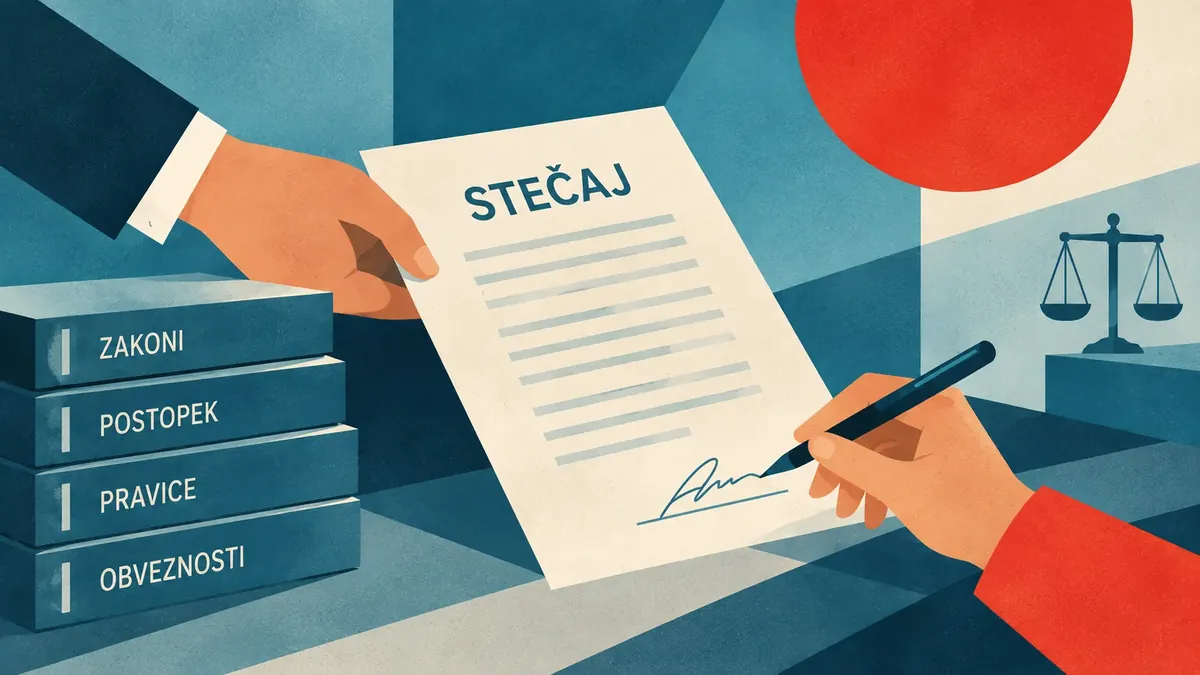Ilustracija dokumenta o stečaju, zakonov, postopka, pravic in obveznosti