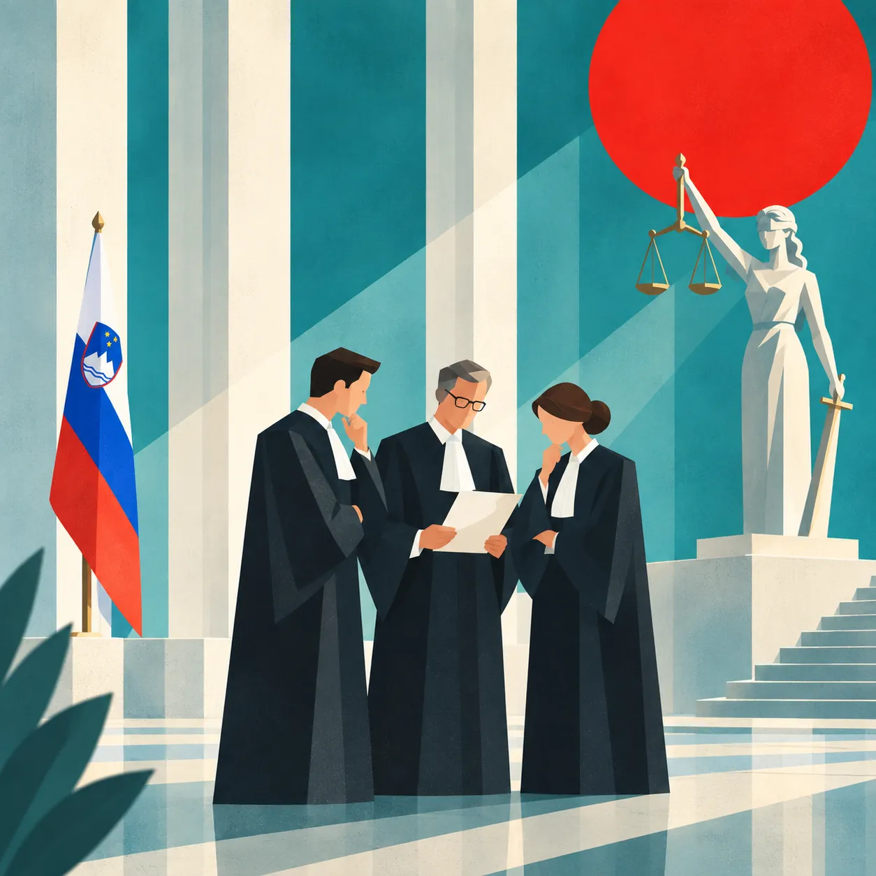 Sodniki v posvetu pred kipom pravice