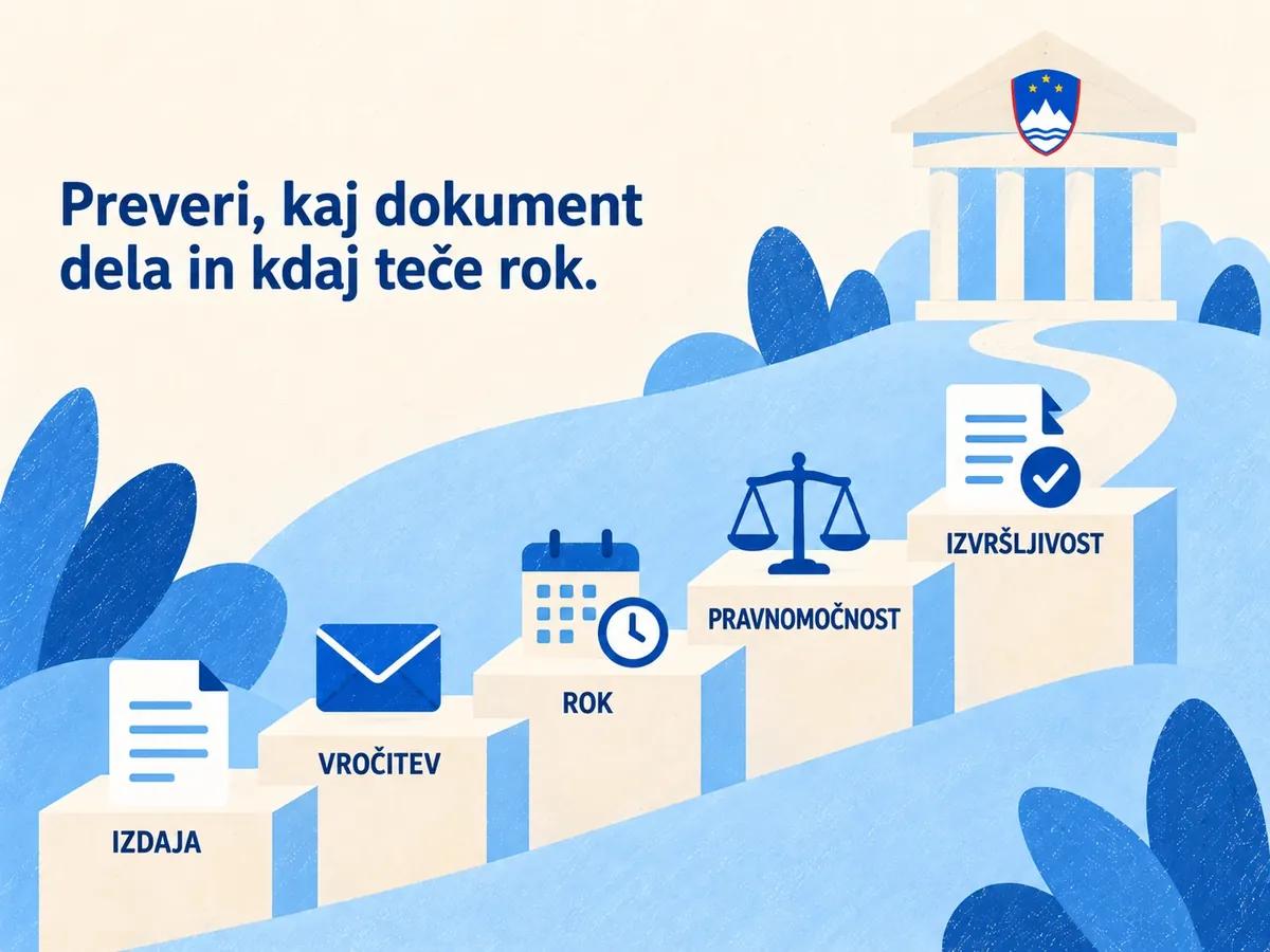 Dokument ima tudi procesno pot: izdaja, vročitev, rok, pravnomočnost in izvršljivost.